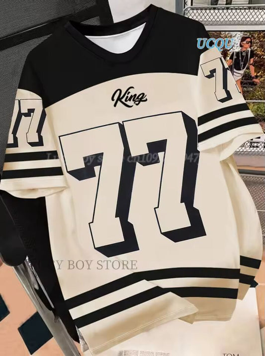 Summer Men KING NO.77 Print Short Sleeve T Shirt Man Sportwear Brooklyn Racing Football Tee Vintage Casual Tops Men Clothes